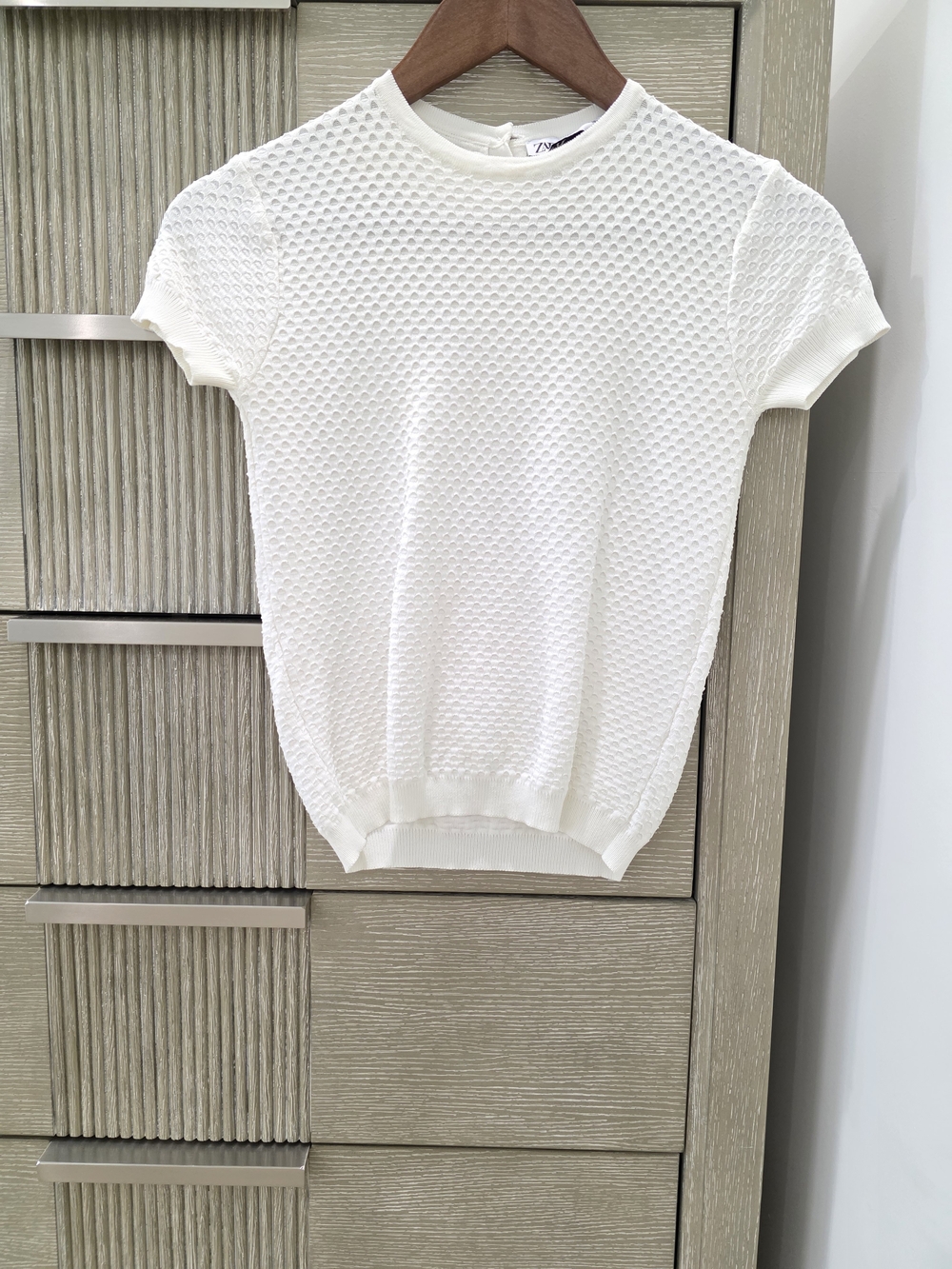 Zara White Textured Knit Top with Jewel Buttons | XS